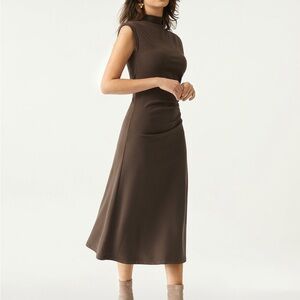 NWT OGL Move Mockneck Tucks Chic Brown Midi Dress Hazelnut Coco Office Style M